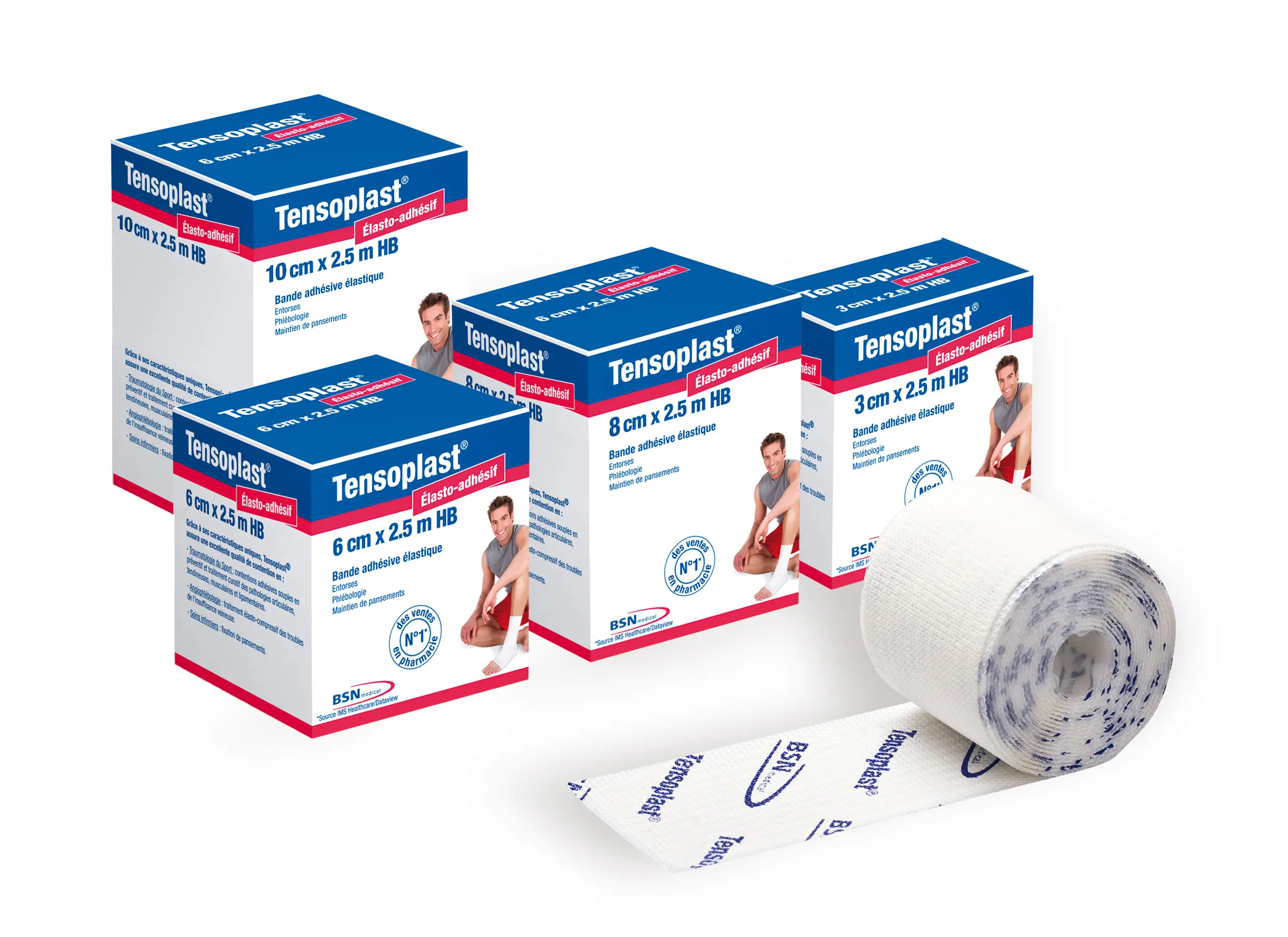 Gamme de bandes adhésives élastiques Tensoplast® présentées dans leurs emballages de différentes tailles, accompagnée d’un rouleau déroulé montrant la texture respirante du produit.